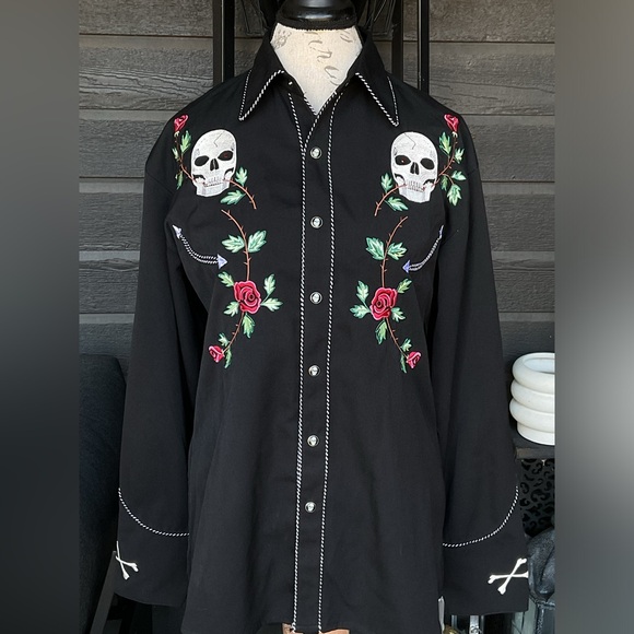 Scully Sugar Skulls Pearl Snap Western Vintage Shirt Floral Day Of The Dead S - Picture 2 of 11